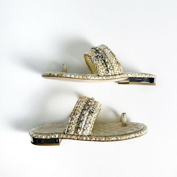 CHANEL Raffia Beige Leather Chain CC Logo Sandals Size 40 Open Toe Ring Slide - Picture 8 of 12